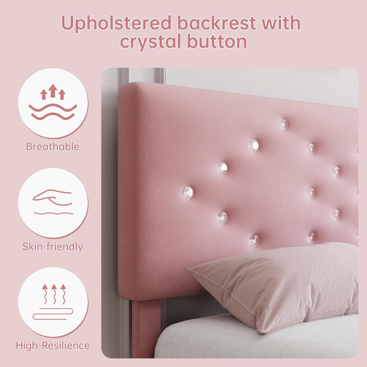 Queen Size Bed Frame with Headboard, Upholstered Platform Bed Frames Queen Size with Crystal Diamond Tufted for Girls/Kids Easy Assembly, Wooden Slats Support, No Box Spring Needed, Pink