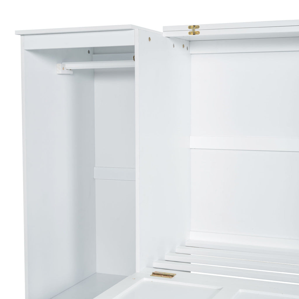 Twin Size Murphy Bed With Bedside Shelves And Wardrobe - White