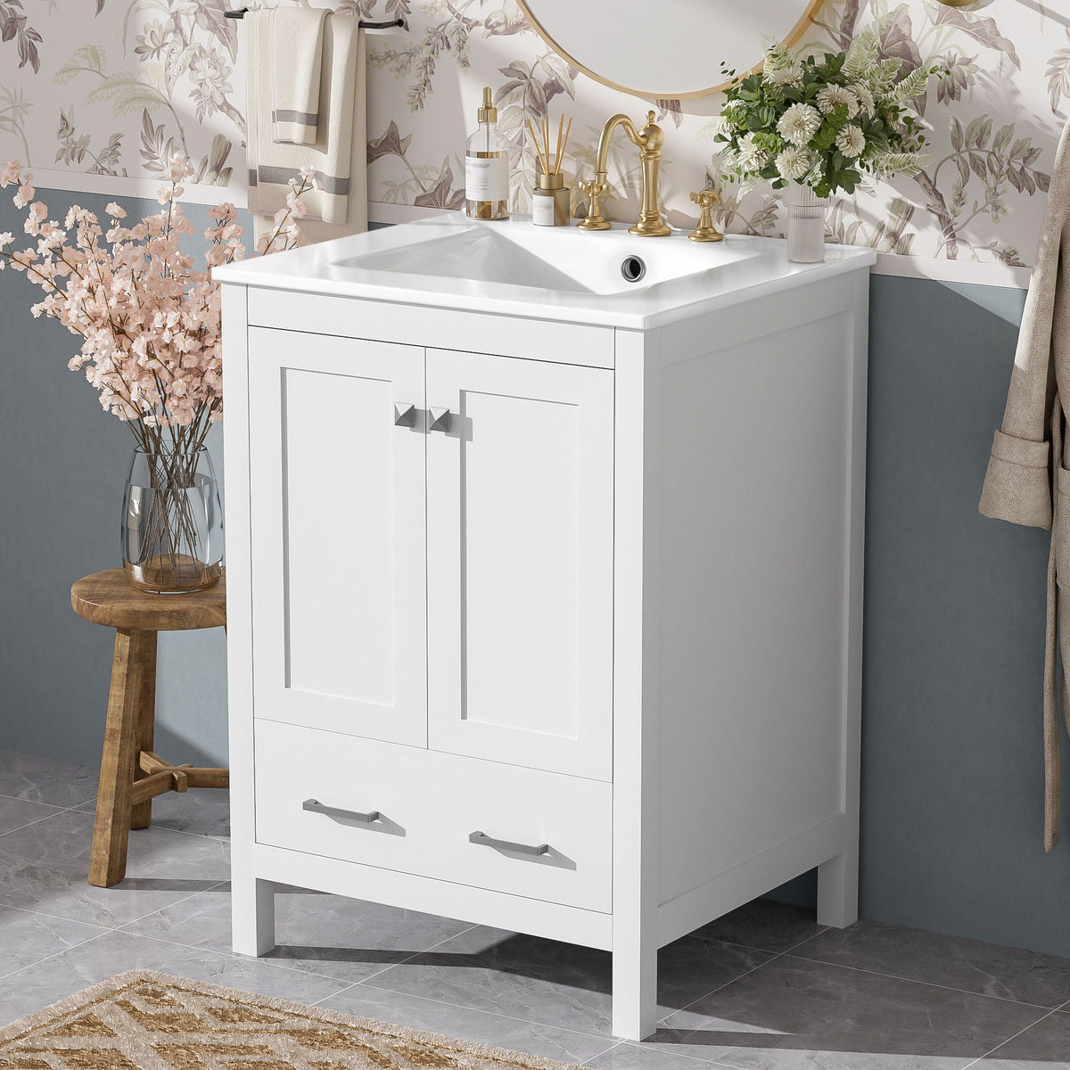 Bathroom Vanity With Integrated Undermount Ceramic Sink, 2 Doors And 1 Drawer, Soft Close Hinges