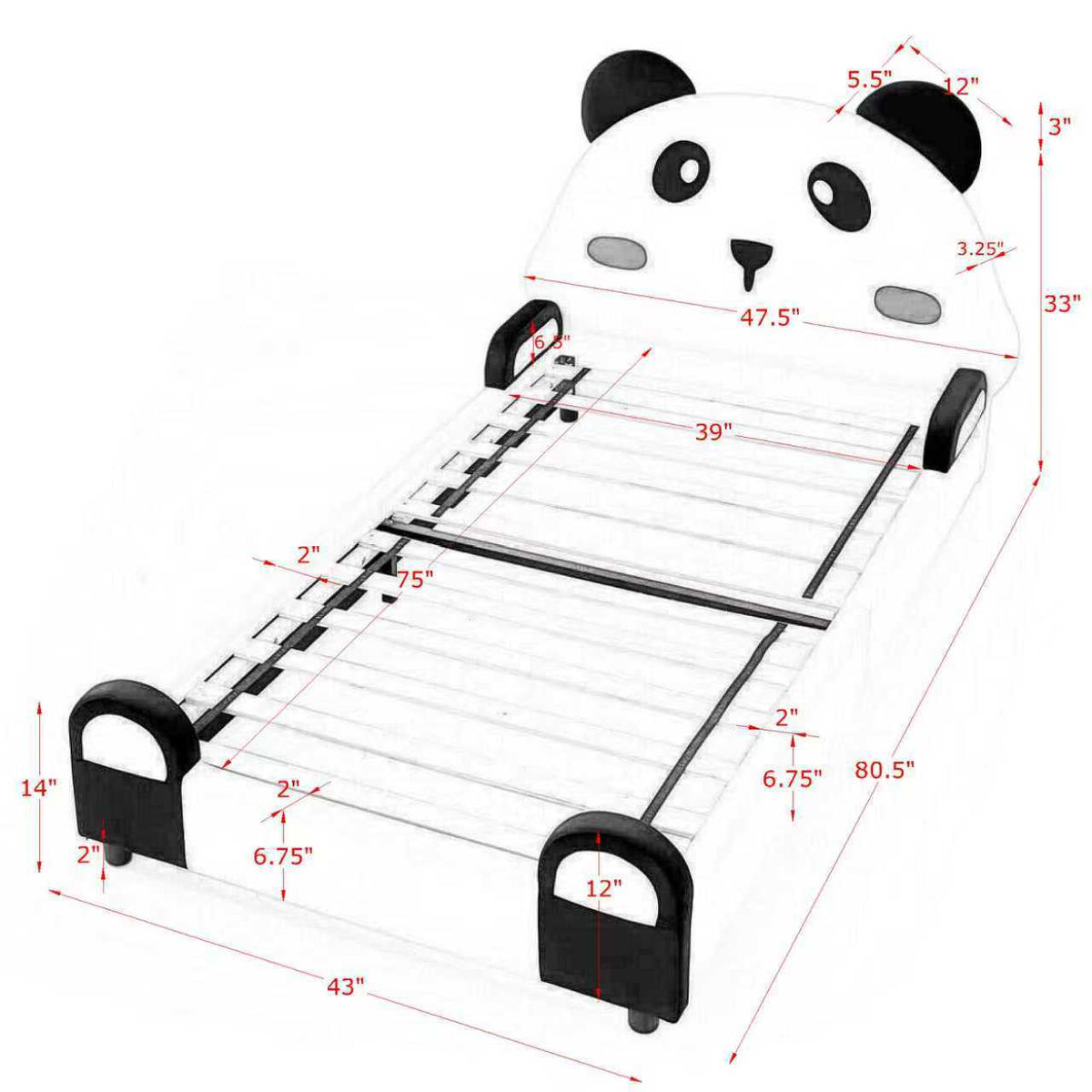 Twin Size Cute Panda-Shaped Kids Bed with Velvet Fabric