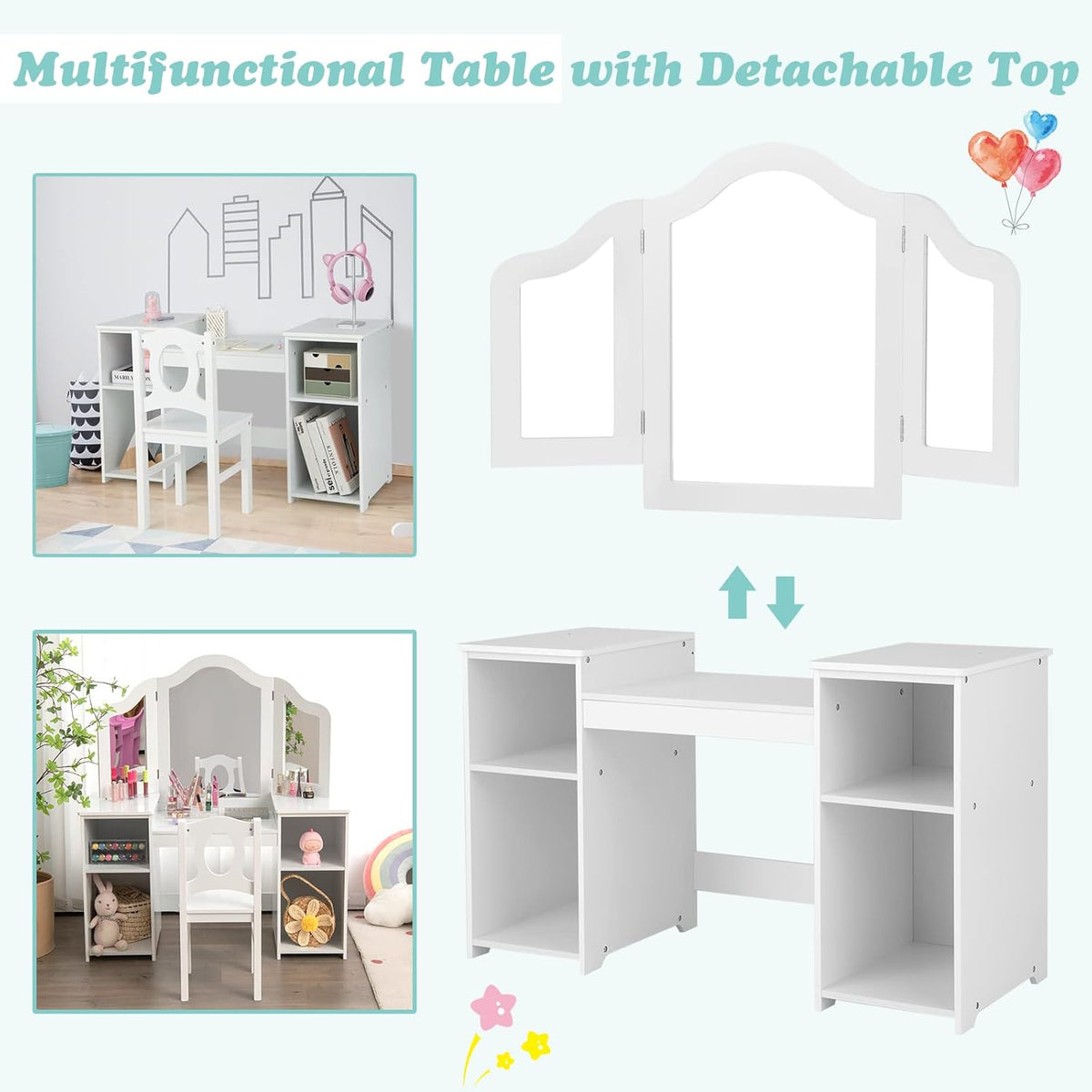 Kids Vanity, 2 in 1 Princess Makeup Desk & Chair Set with Tri-Folding Detachable Mirror, Large Storage Shelves, Wooden Pretend Play Dressing Table for Girls