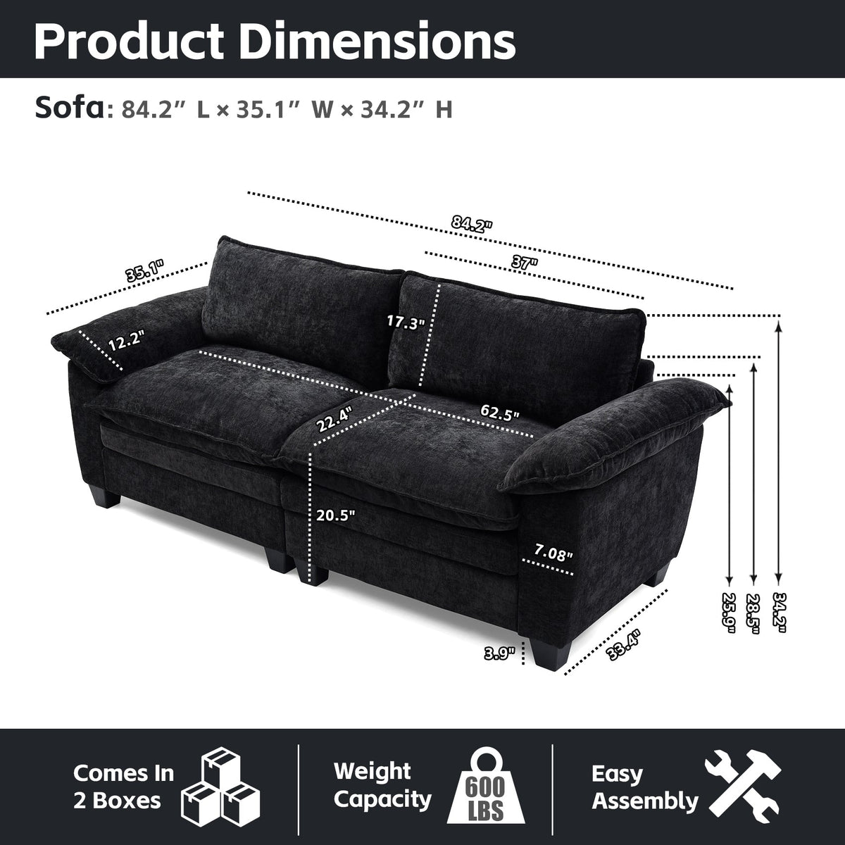 Living Room Furniture Big Loveseat Luxury Couch with Soft Chenille Upholstered Sofa Black