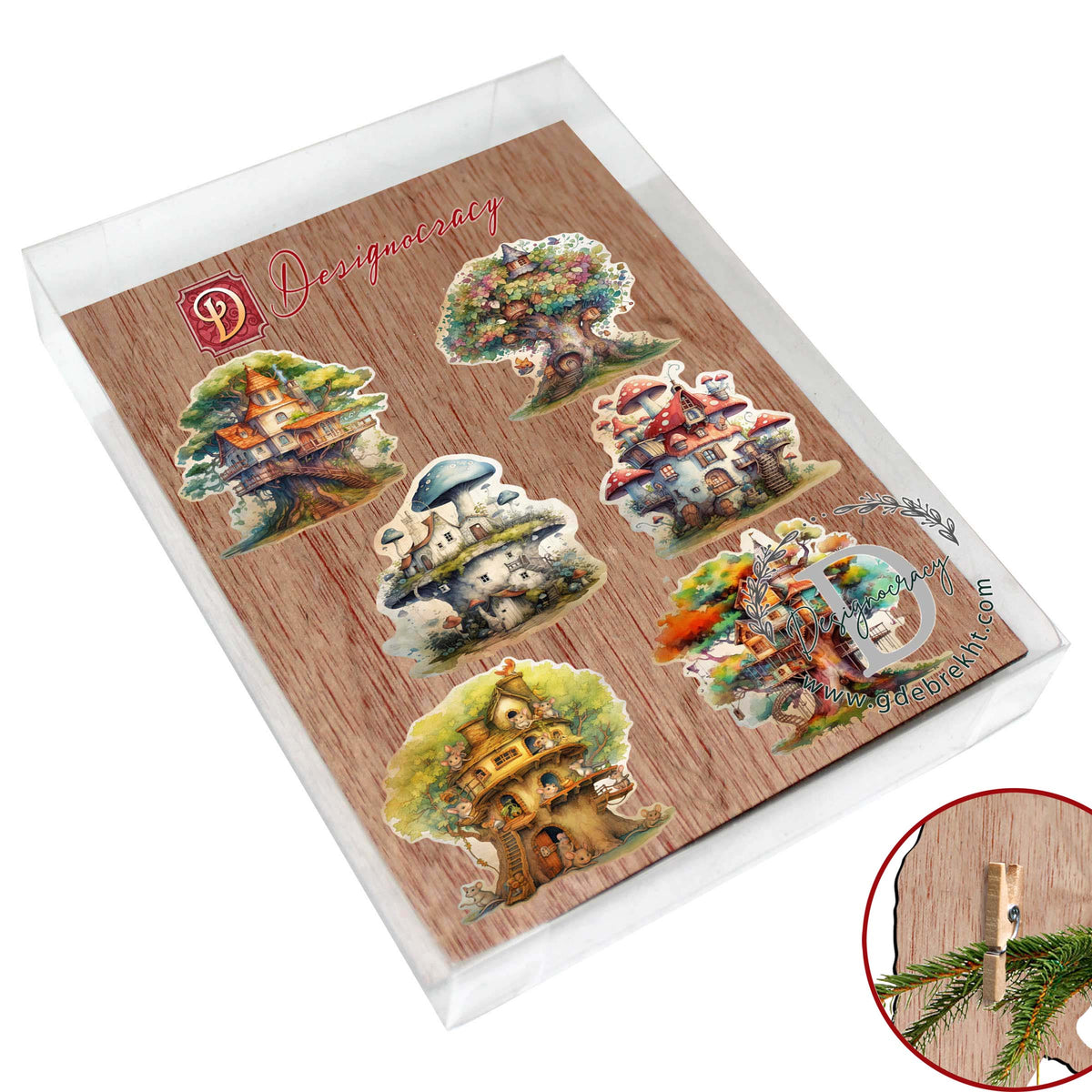 Tree House Clip-On Eco Wood Decorative Ornaments Set of 6 by G. Debrekht - Christmas Decor - 8090026C-S6