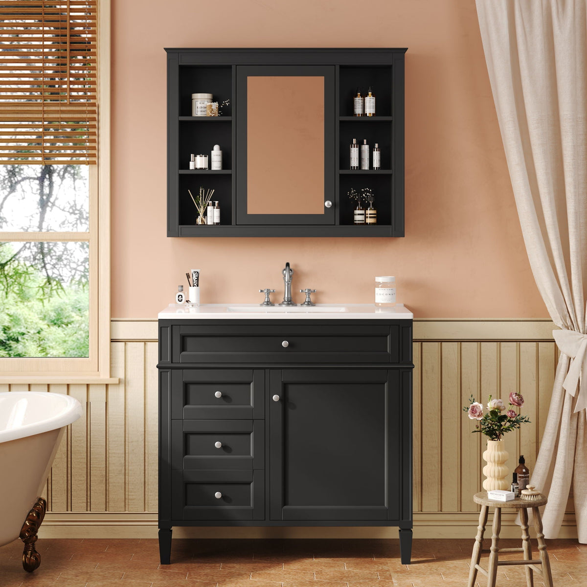 Bathroom Vanity With Mirror Cabinet, Single Sink With 2 Soft Closing Doors And 4 Drawers