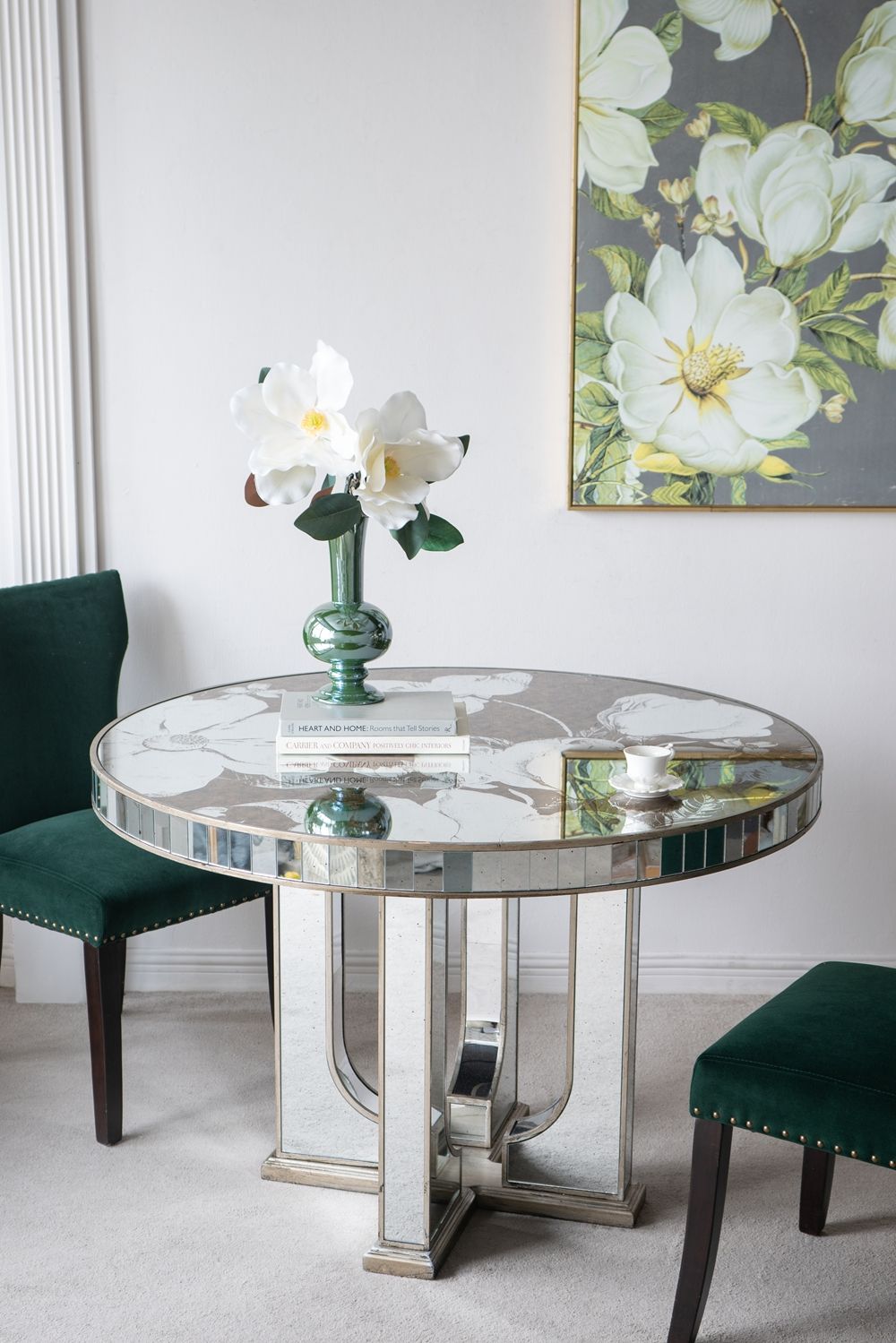 Round Dining Table With Elegant Floral Design And Mirrored - Silver Multi