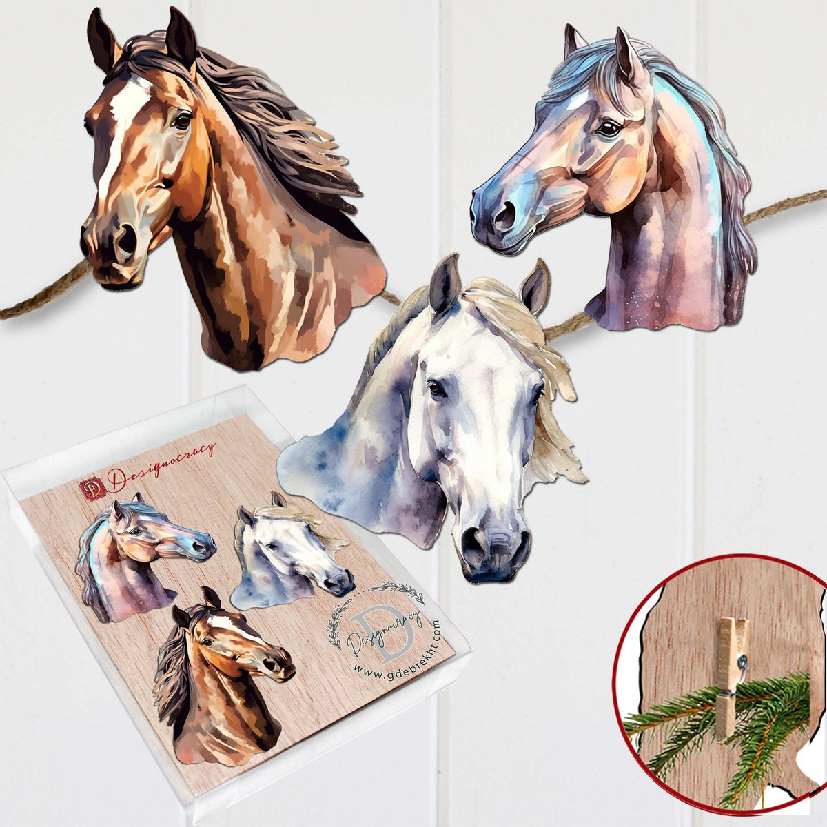 Horses Clip-On Eco Wood Decorative Ornaments Set of 3 by G. Debrekht - Christmas Decor - 8091039C-S3