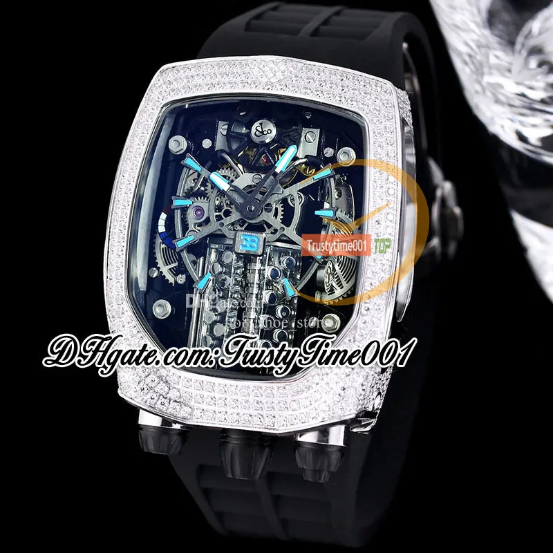 Bugatti Chiron Tourbillon Autoamtic Mens Watch 16 Cylinder Engine Skeleton Dial Iced Out Diamonds Inlay Case Blue Rubber Strap Trustytime001Watches BU200.30