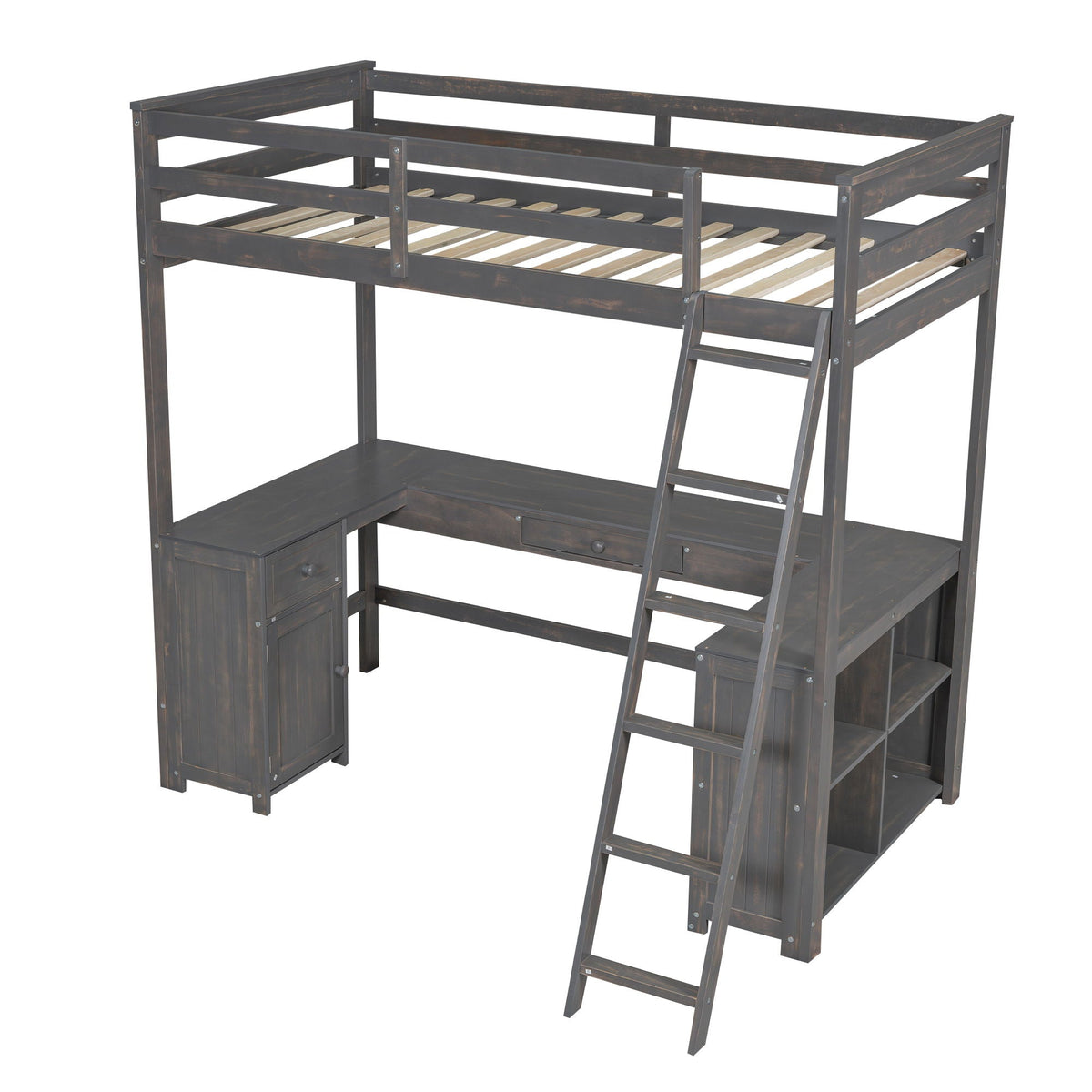 Loft Bed With U-Shaped Desk, Drawers, And Storage Shelves