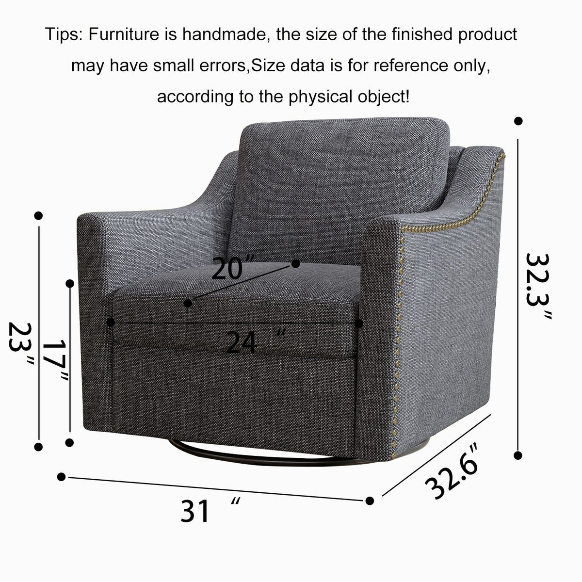 360 Degree Swivel Armchair, Skin Friendly Fabric, Ergonomic Design, Brass Nail Decorative Armchair