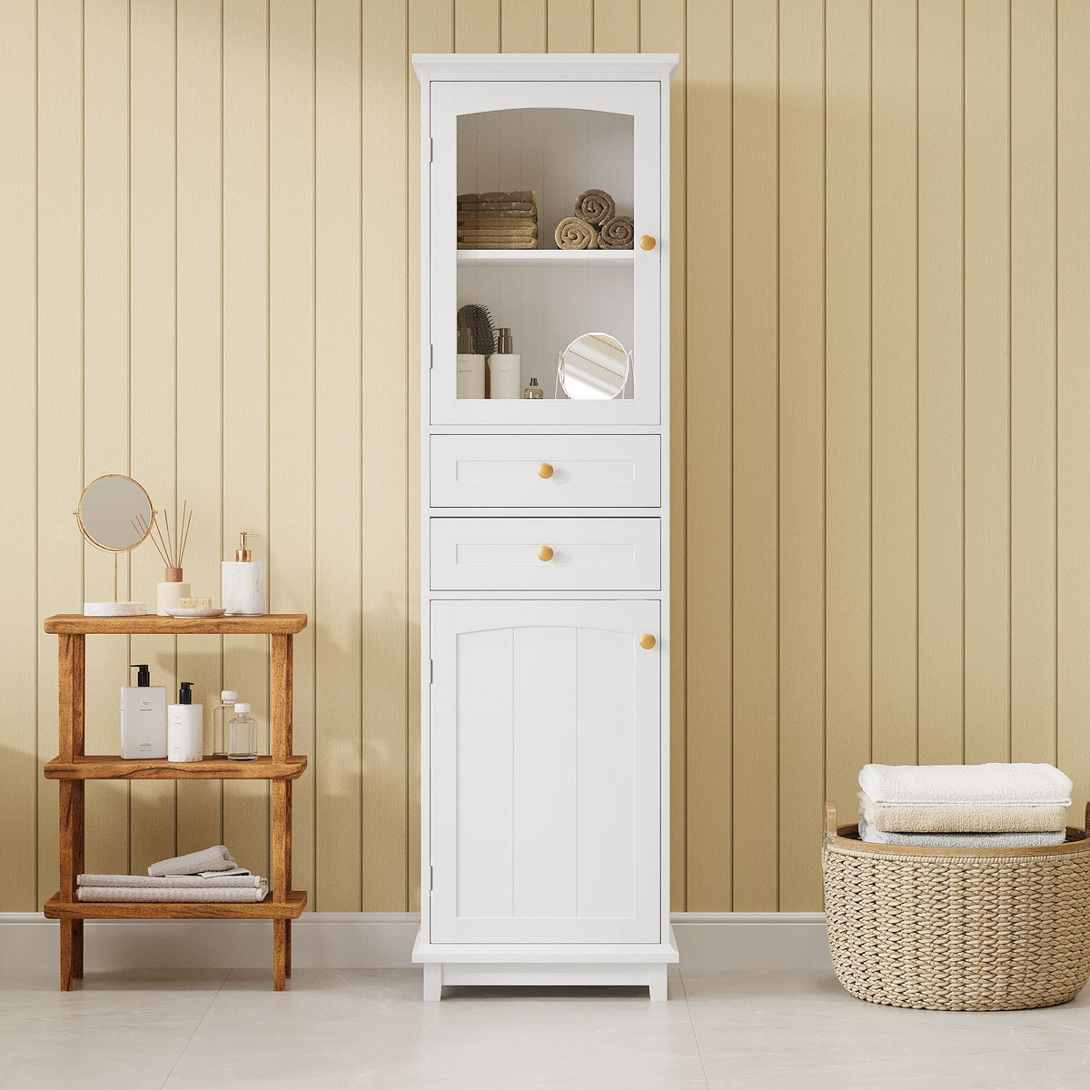 Tall Bathroom Storage Cabinet With Glass Doors, Free-Standing, Two Drawers, And Adjustable Shelves, Board, Painted Perfect For Displaying Your Favorite Items