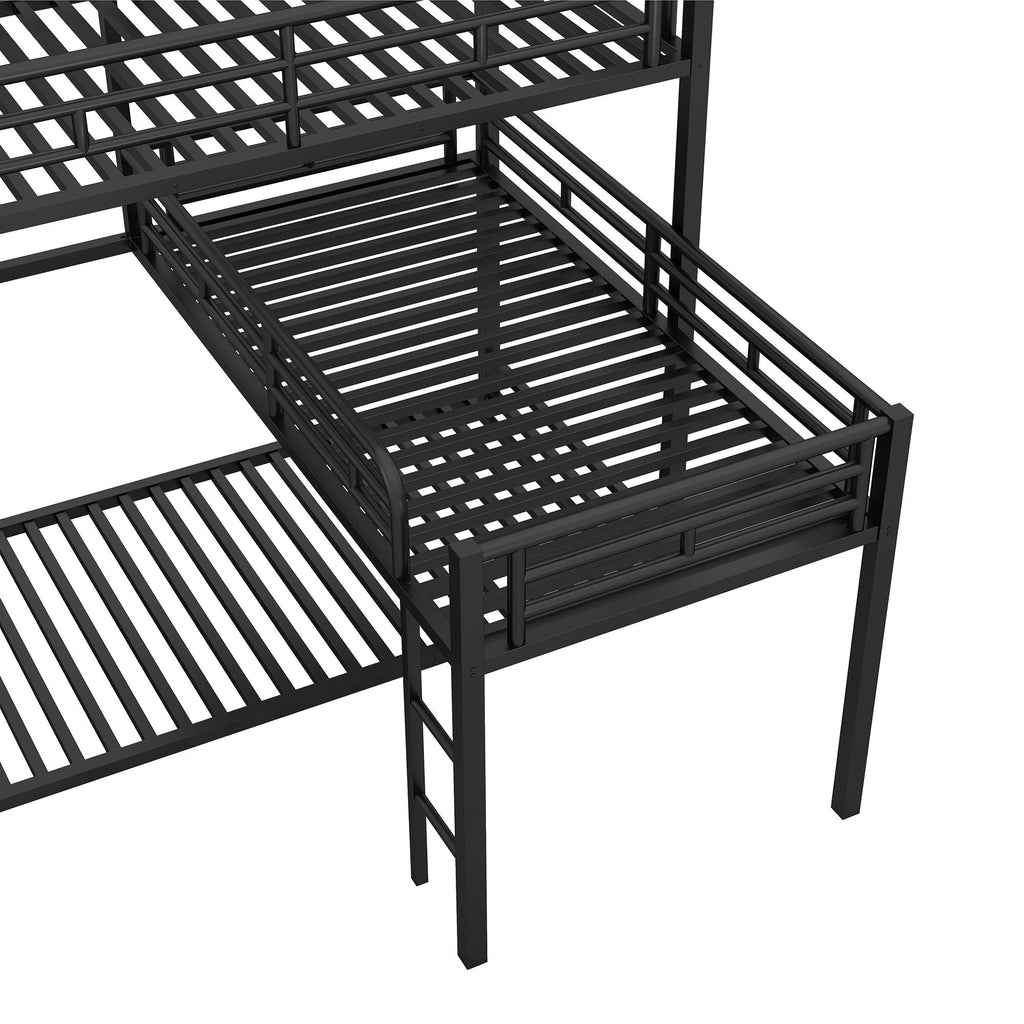 L-Shaped Triple Twin Size Bunk Bed, Industrial Design With Integrated Ladder And Full Length Guardrails - Black