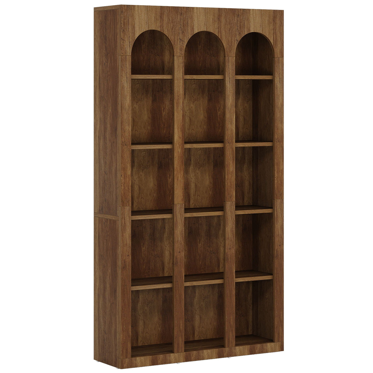 5 Tier Farmhouse Arched Bookcase For Living Room - Rustic Brown