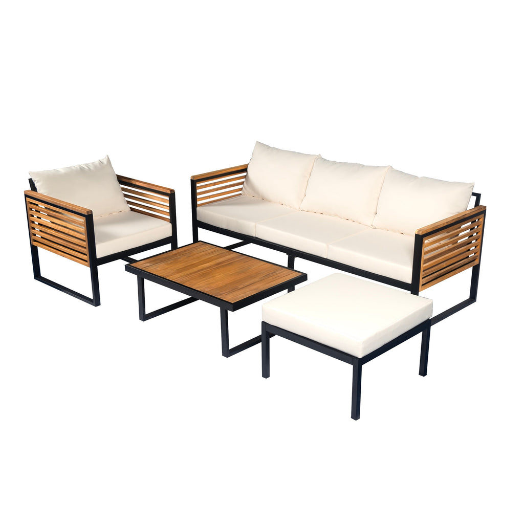 Outdoor 4-Piece Acacia Wood and Metal Patio Sofa Set