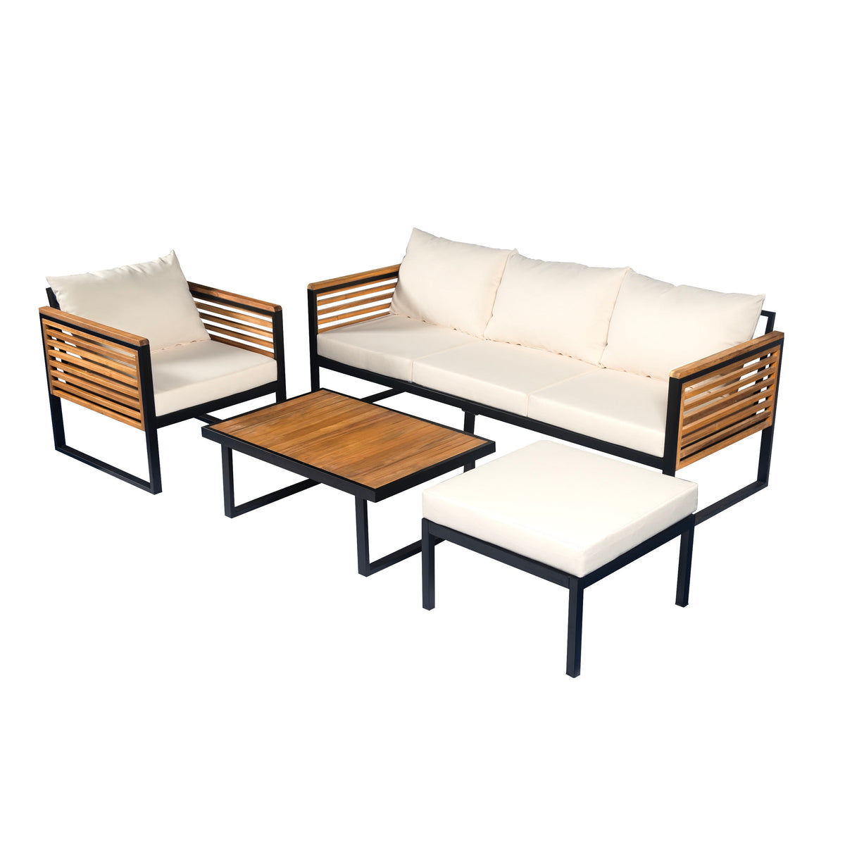 Outdoor 4-Piece Acacia Wood and Metal Patio Sofa Set