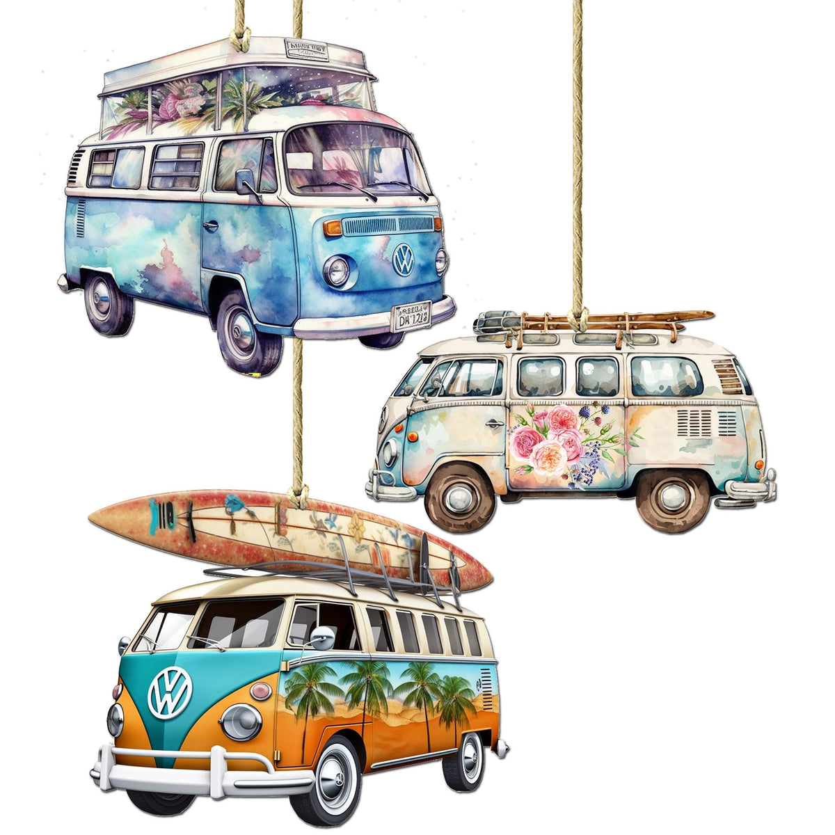 Surf Vans Decorative Eco Wood Ornaments Set of 3 by G. Debrekht - Coastal Decor - 8091040-S3