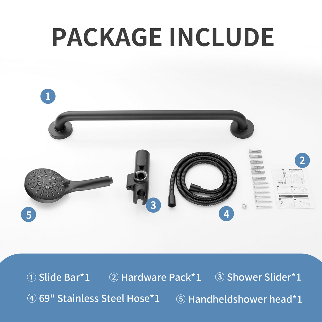Stainless Steel Slide Bar Grab Rail Set  Includes Handheld Shower Head and 69'' Hose