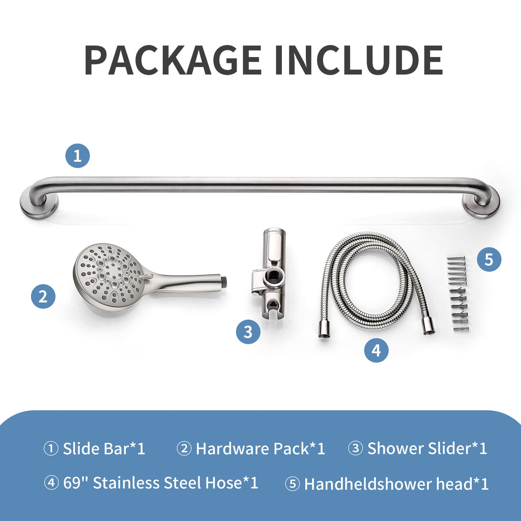 Stainless Steel Slide Bar Grab Rail Set  Includes Handheld Shower Head and 69'' Hose