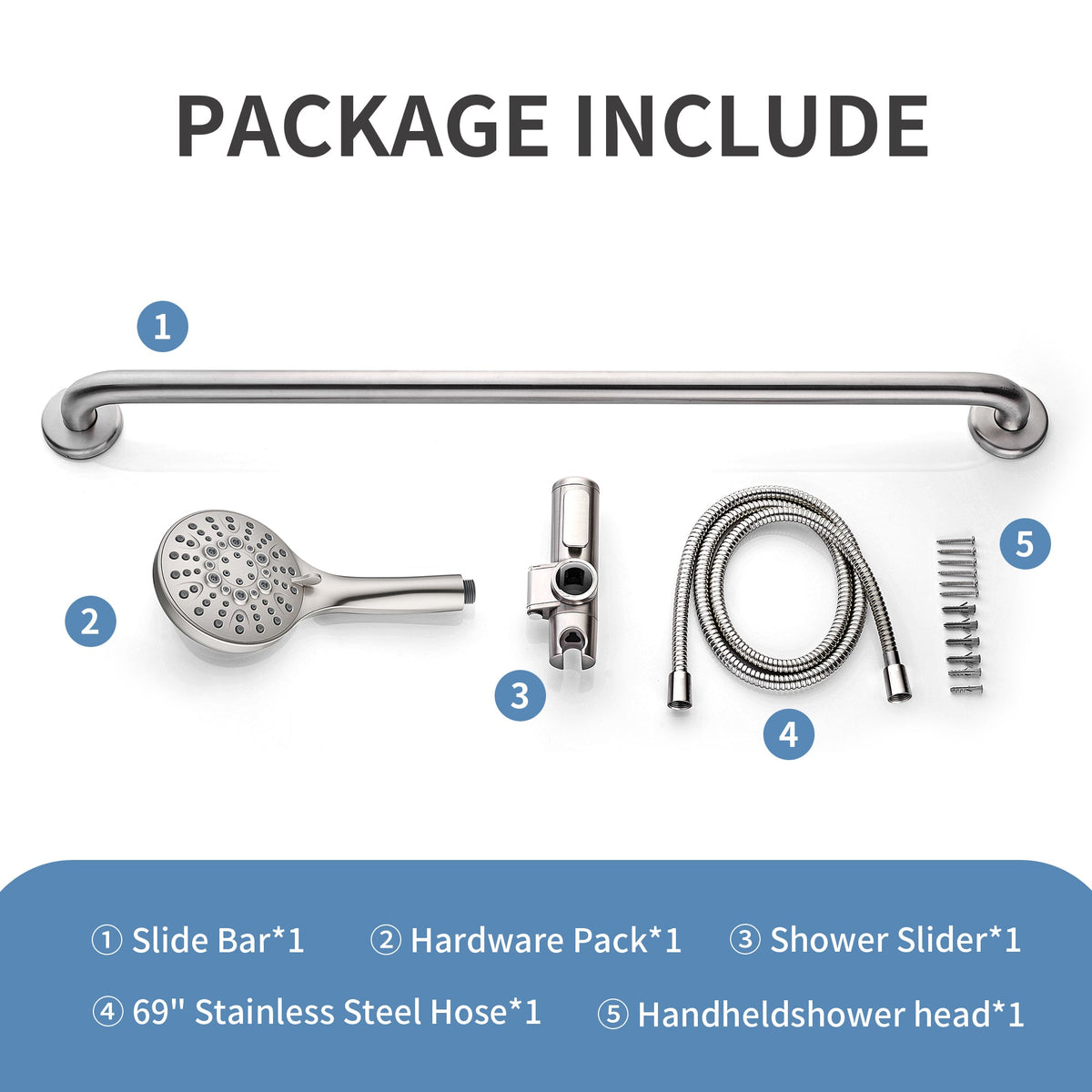 Stainless Steel Slide Bar Grab Rail Set  Includes Handheld Shower Head and 69'' Hose