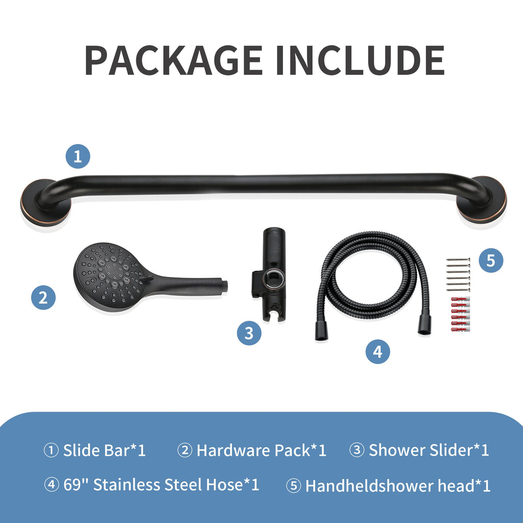 Stainless Steel Slide Bar Grab Rail Set  Includes Handheld Shower Head and 69'' Hose