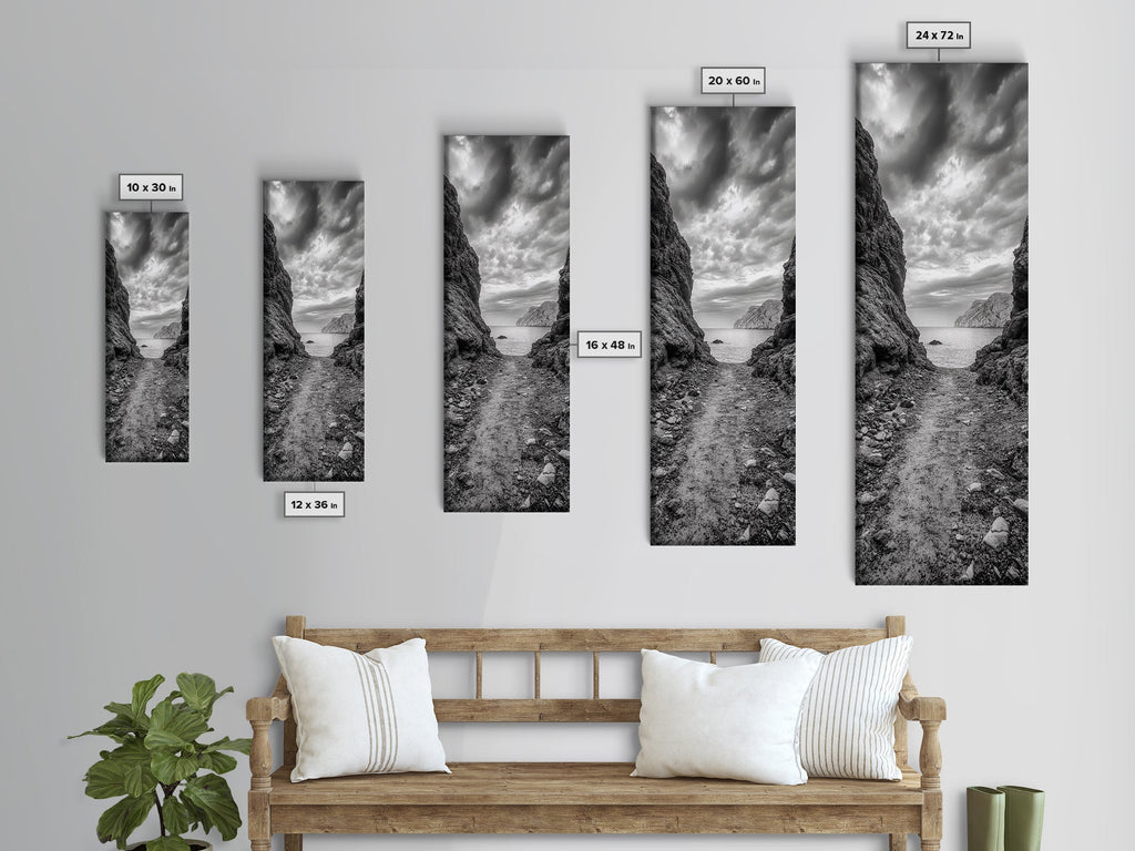 Rocky Pathway, Seaside Trail, Cloudy Horizon, Framed Canvas Print, Moody Coastal Wall Art, Nature Inspired, Monochrome Travel Decor