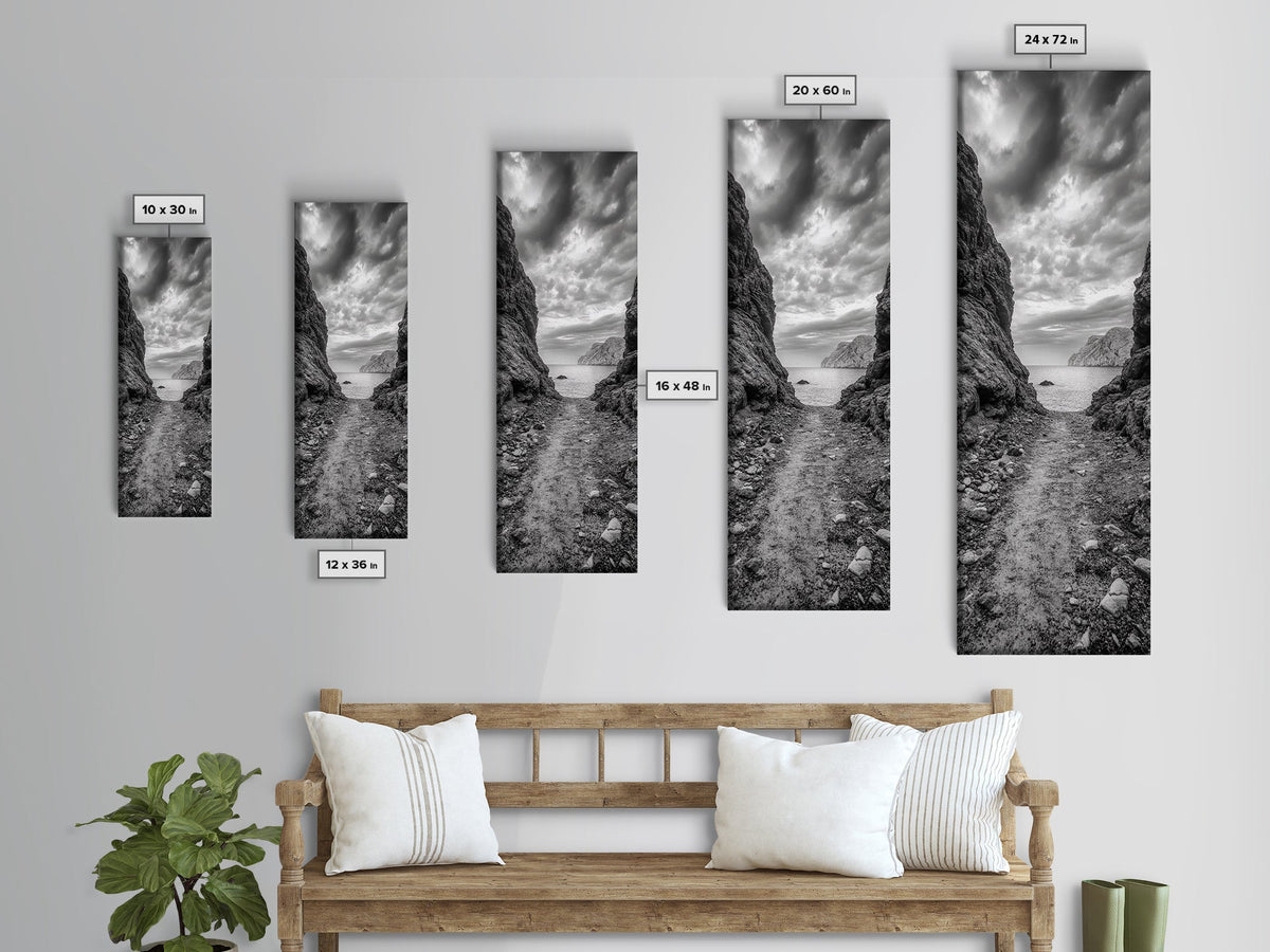 Rocky Pathway, Seaside Trail, Cloudy Horizon, Framed Canvas Print, Moody Coastal Wall Art, Nature Inspired, Monochrome Travel Decor