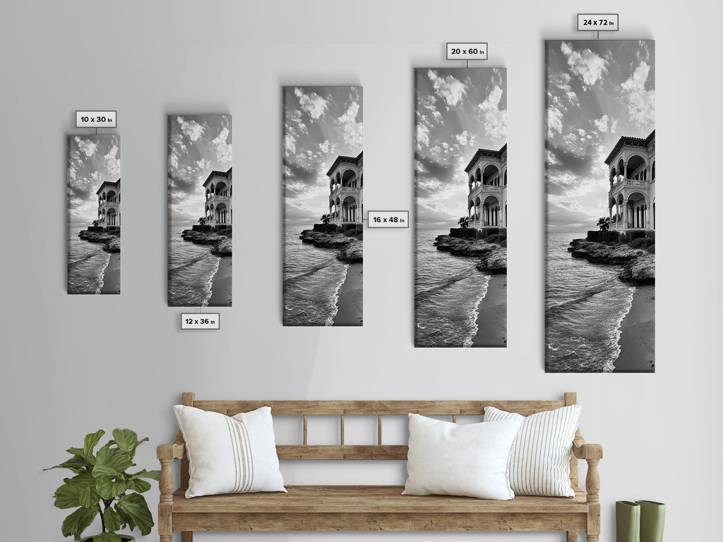 Italian Villa Coast, Seaside Architecture Print, Elegant Travel Decor, Framed Canvas Print, Dining Room Wall Art, Monochrome