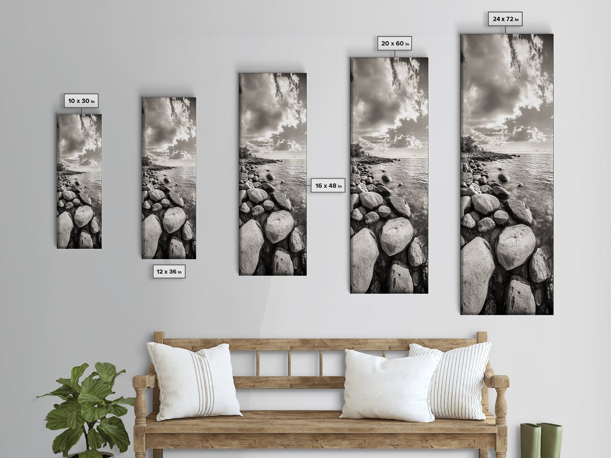 Sunrise Shore, Tranquil Coast, Pebble Beach, Golden Glow, Framed Canvas Print Fall Wall Art, Landscape Living Room Decor, Minimalist Aesthetic