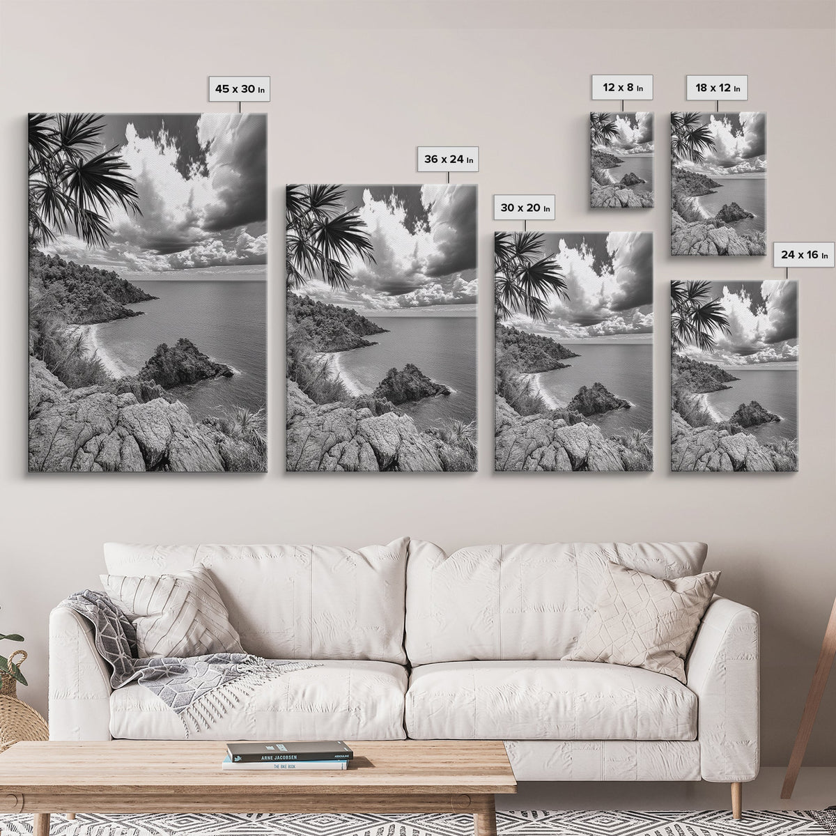 Island View Cliffs, Tropical Shoreline, Black and White Seascape, Framed Canvas Print, Bathroom Art, Travel Decor, Coastal Vibe