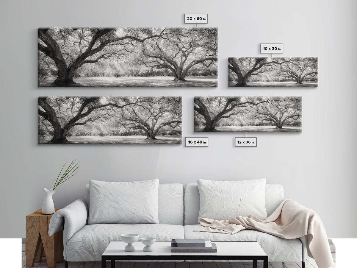 Sprawling Trees, Oak Forest, Sunlit Canopy, Majestic Branches, Canvas Print, Nature Wall Art, Boho Decor, Living Room Statement Piece