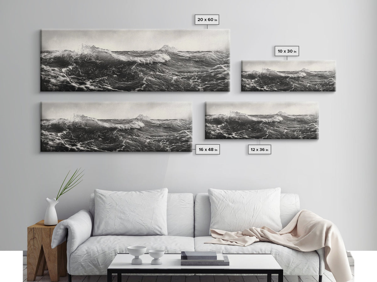 Ocean Wave, Stormy Sea, Black and White Nautical, Framed Canvas Print, Bold Coastal Art, Living Room Wall Art, Marine Photography