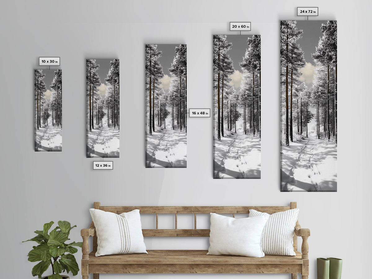 Snow Path, Winter Forest, Frosty Pines, Silent Trail, Framed Canvas Print, Christmas Wall Art, Cabin Decor, Nordic Winter Scene