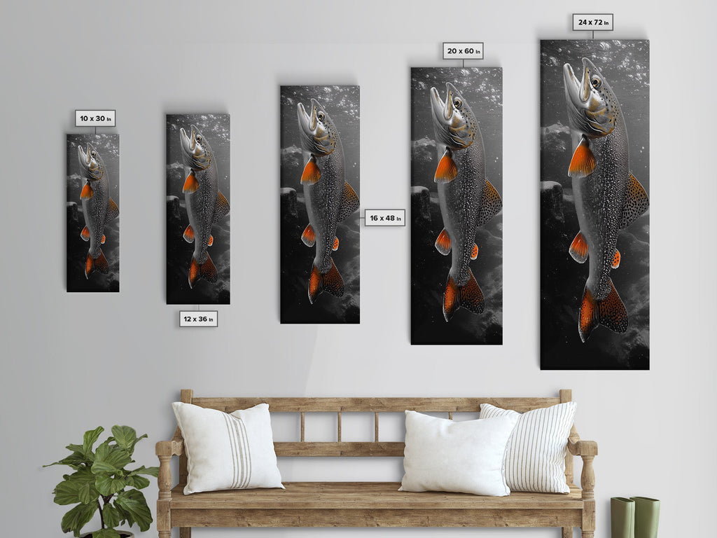 Trout Fishing Print, Underwater Scene, Orange Fins Fish, Rustic Wildlife, Framed Canvas Print, Cabin Decor, Man Cave Wall Art