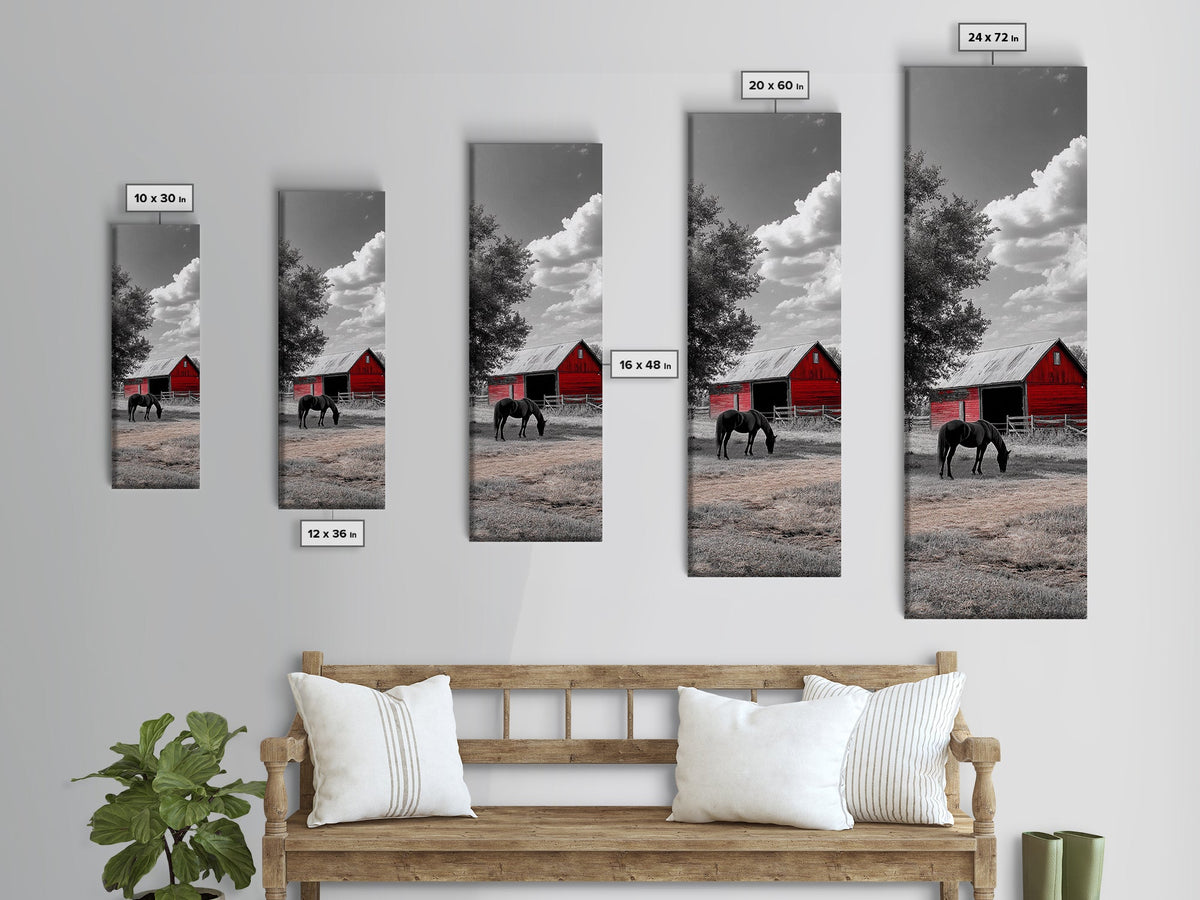 Red Barn, Black Horse, Country Charm, Rustic Farm Framed Canvas Print, farmhouse wall decor, autumn art, rustic bedroom wall art