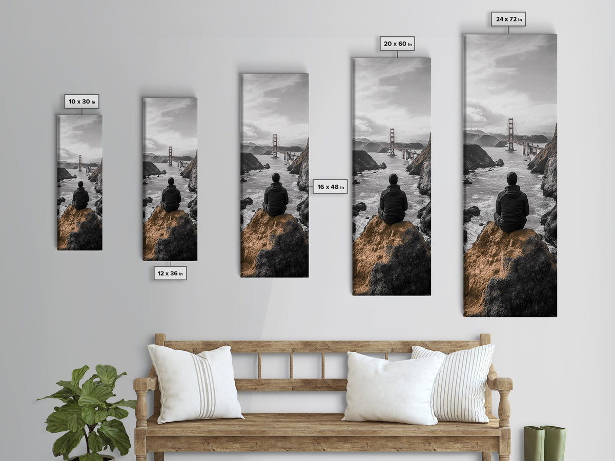 Golden Gate, Solitude View, Man on Cliff, Iconic Bridge, Framed Canvas Print, Travel Wall Art, Office Inspiration, Moody Coastal Decor