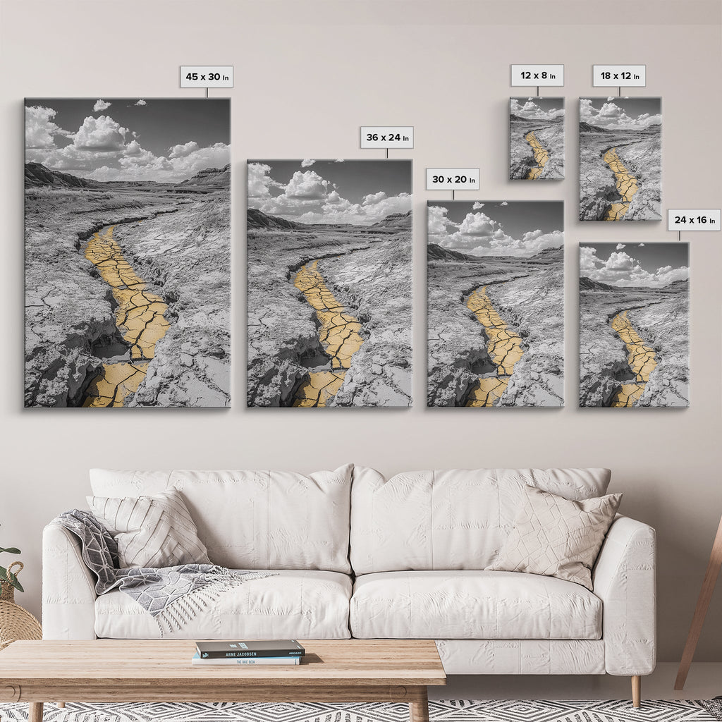 Desert Riverbed, Yellow Crack Trail, Dry Earth Path, Framed Canvas Print, Southwestern Wall Art, Minimalist Nature Decor, Earth Tone Style