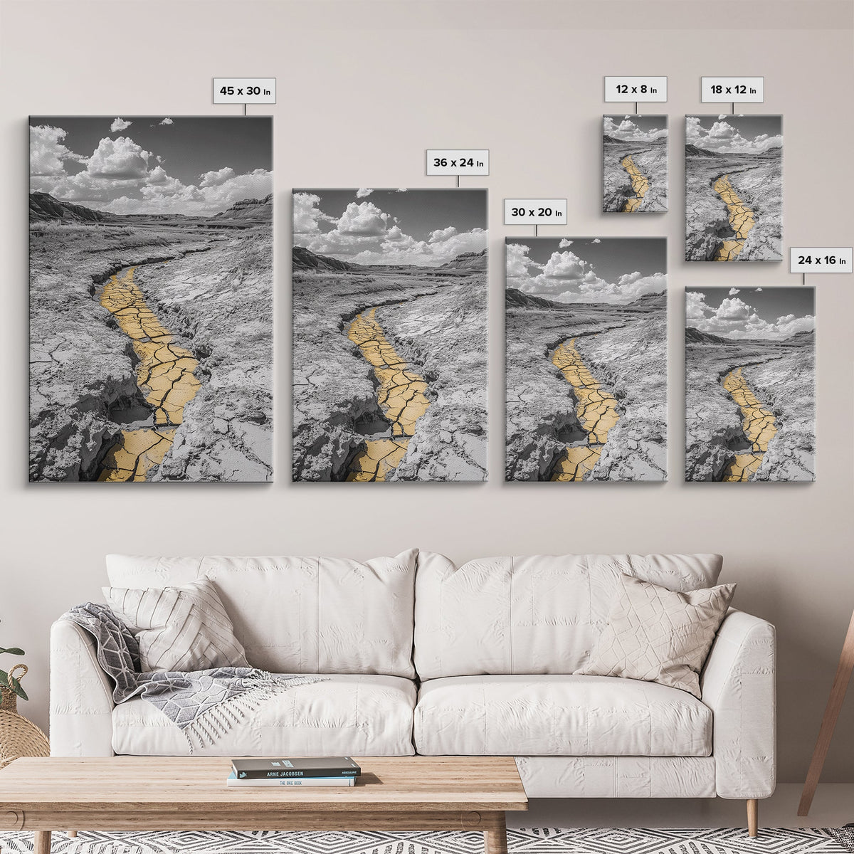 Desert Riverbed, Yellow Crack Trail, Dry Earth Path, Framed Canvas Print, Southwestern Wall Art, Minimalist Nature Decor, Earth Tone Style