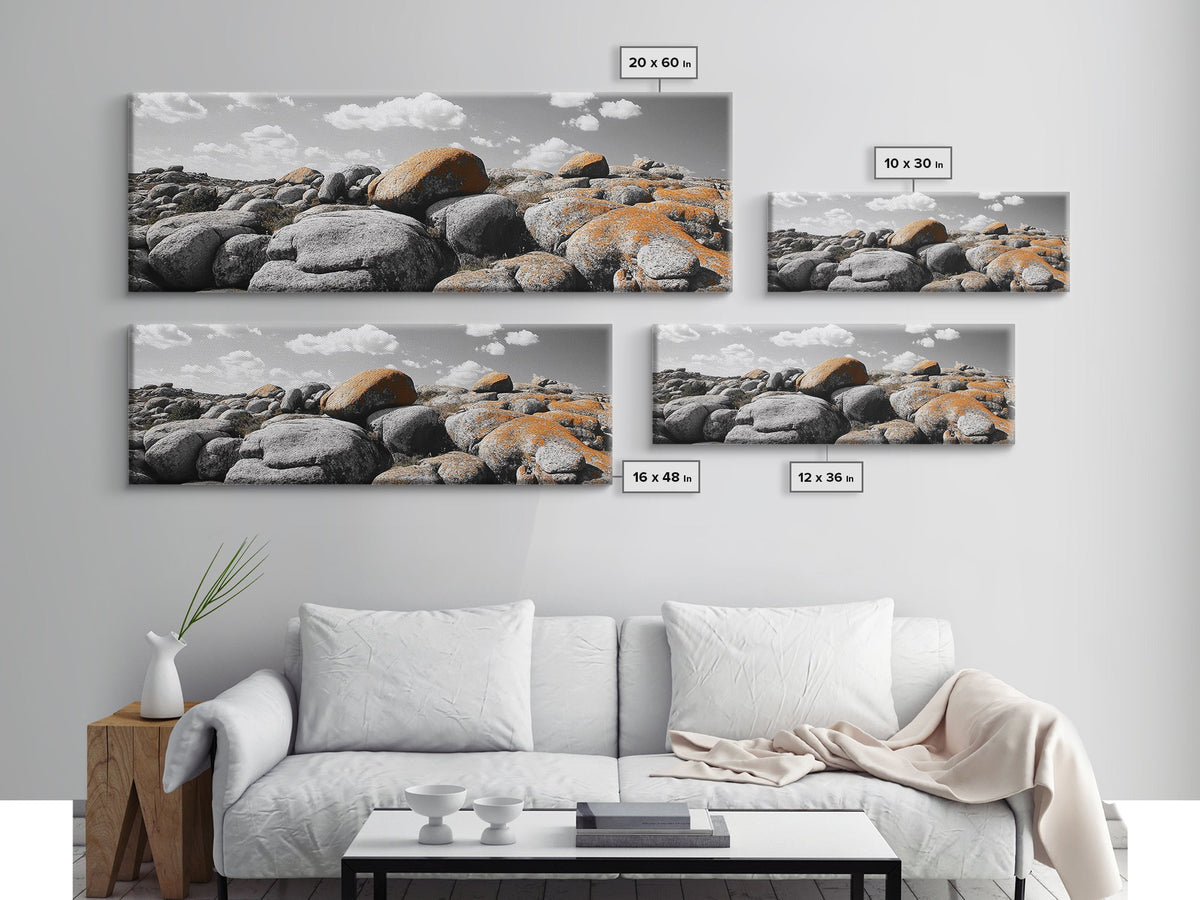 Granite Boulder Field, Orange Lichen Rocks, Desert Rockscape, Canvas Print, Natural Earth Decor, Living Room Wall Art