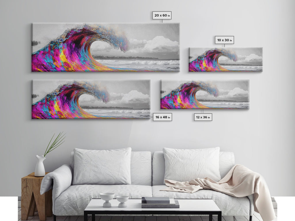Rainbow Wave Curl, Surf Art Explosion, Vibrant Ocean Energy, Framed Canvas Print, Beach House Decor, Colorful Coastal Wall Art