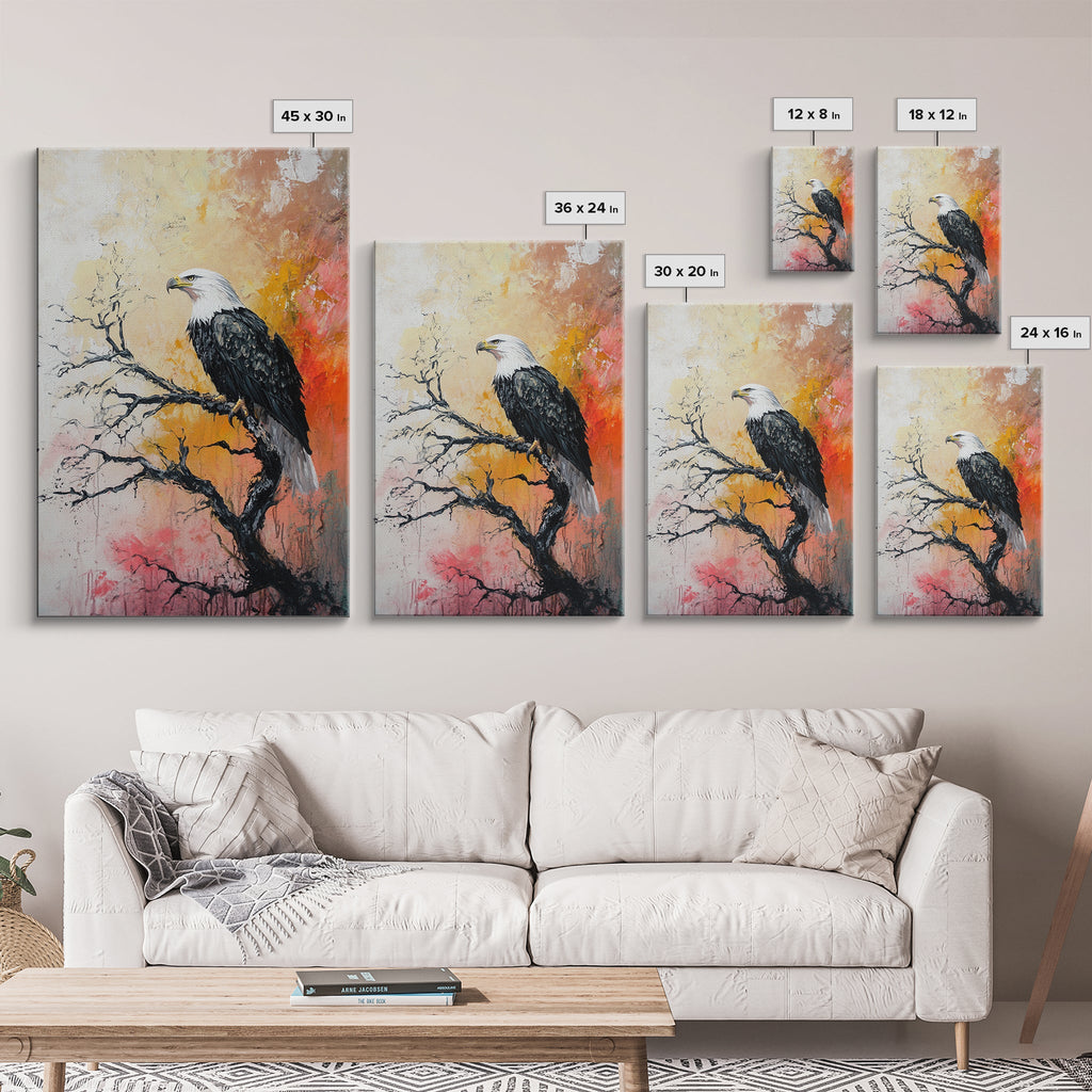 Eagle on Branch, textured painting, wildlife wall art, rustic art, autumn colors, farmhouse decor, framed canvas print, bird art