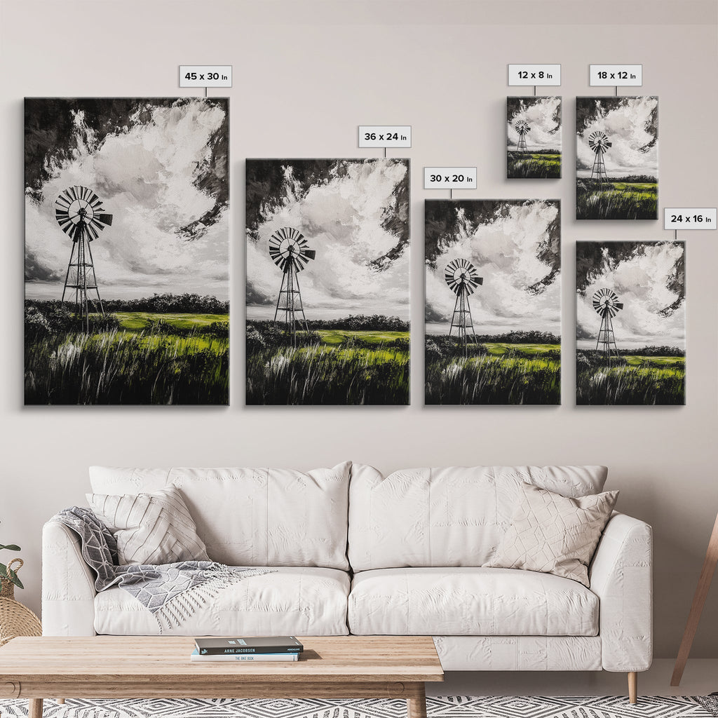 Black and White Windmill, windmill wall art, rustic decor, farmhouse art, landscape painting, framed canvas print, above bed wall art