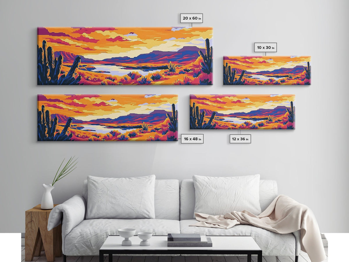 Desert Landscape Art, Joshua tree art, southwest wall art, extra wide art, panoramic painting, framed canvas print, rustic wall art, sunset painting