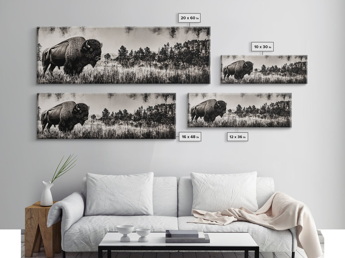 Bison landscape, black and white western painting, rustic decor, extra wide art, smoky mountain art, panoramic painting, framed canvas print