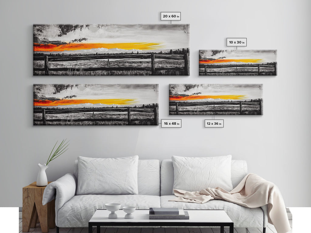 Fence at Sunset, moody landscape art, Joshua tree art, smoky mountain painting, dark romance art, extra wide art, framed canvas print