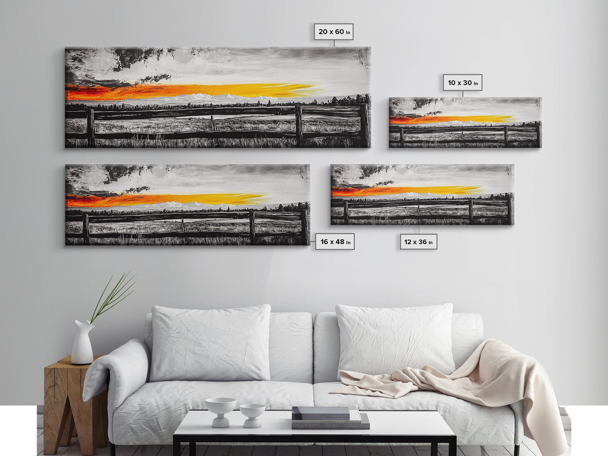 Fence at Sunset, moody landscape art, Joshua tree art, smoky mountain painting, dark romance art, extra wide art, framed canvas print