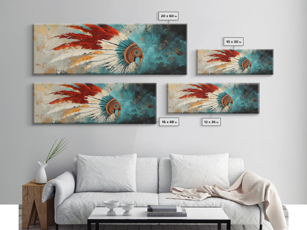 Native American Headdress, modern portrait, southwest wall art, moody art, framed canvas print, gift idea for her