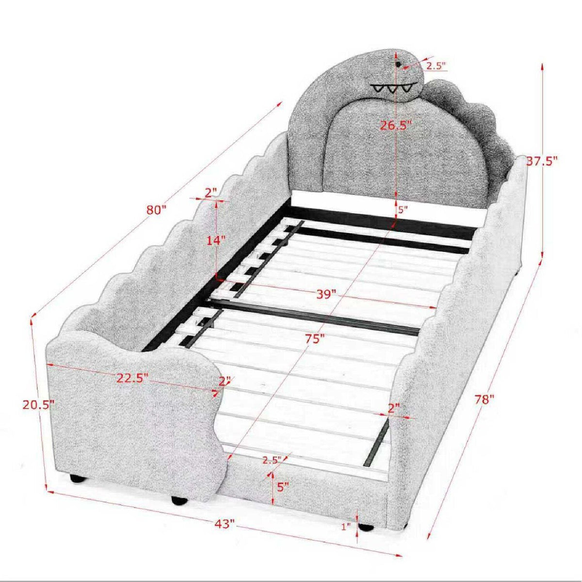 Cute Dinosaur Shaped Bed With Safety Guardrail, Toddler Frame