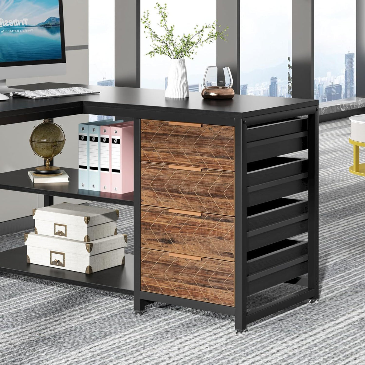 L-Shaped Computer Desk With Drawers And Shelves, Workstation For Home Office