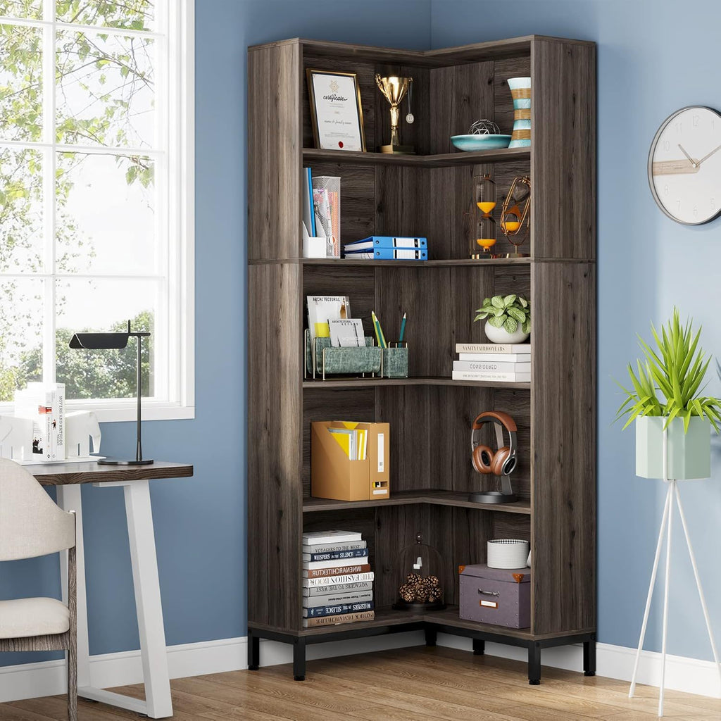 L-Shaped Bookcase, 5 Tier Freestanding Corner Bookshelf