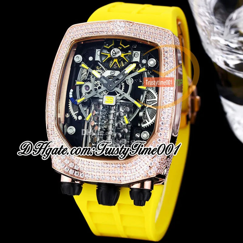 Bugatti Chiron Tourbillon Autoamtic Mens Watch 16 Cylinder Engine Skeleton Dial Iced Out Diamonds Inlay Case Blue Rubber Strap Trustytime001Watches BU200.30