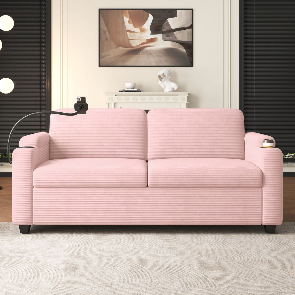 Sleeper Sofa Loveseat Sofa With Full Size Mattress, 2 USB Ports, 2 Cup Holders, 2 Side Pockets And Phone Holder